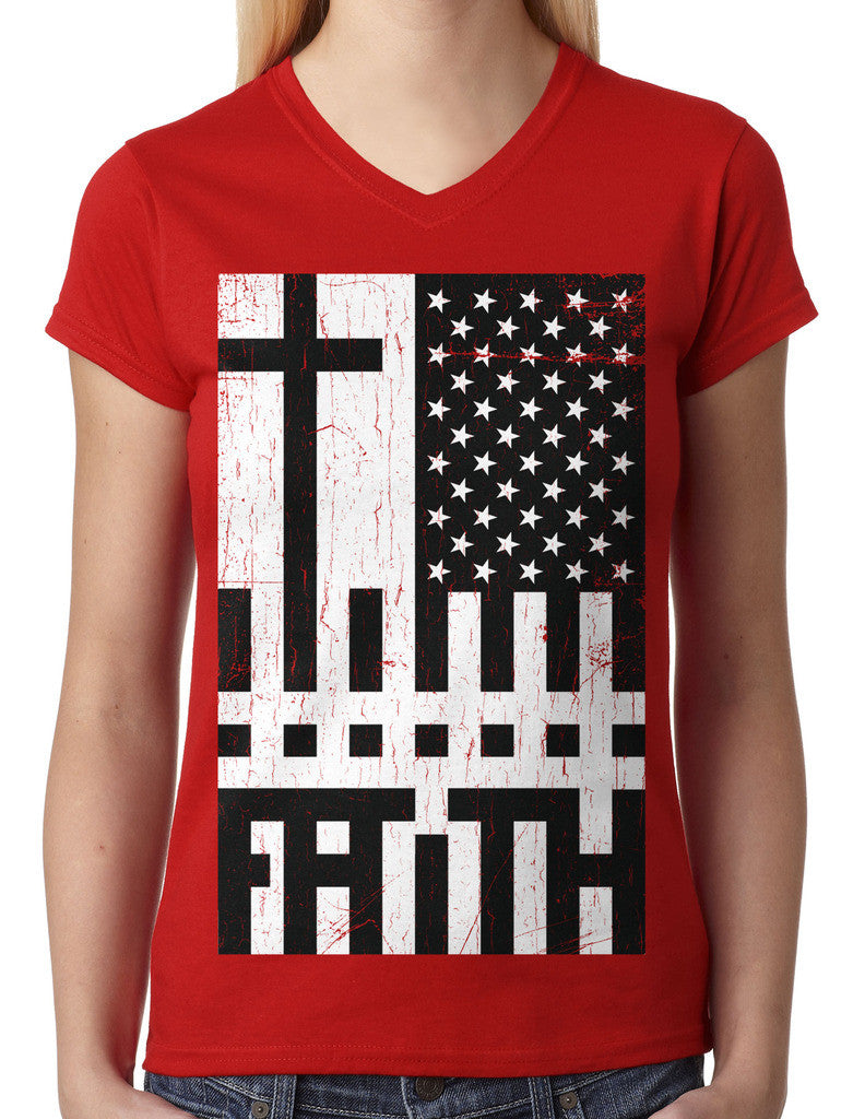 Faith Cross American Flag Junior Ladies V-neck T-shirt