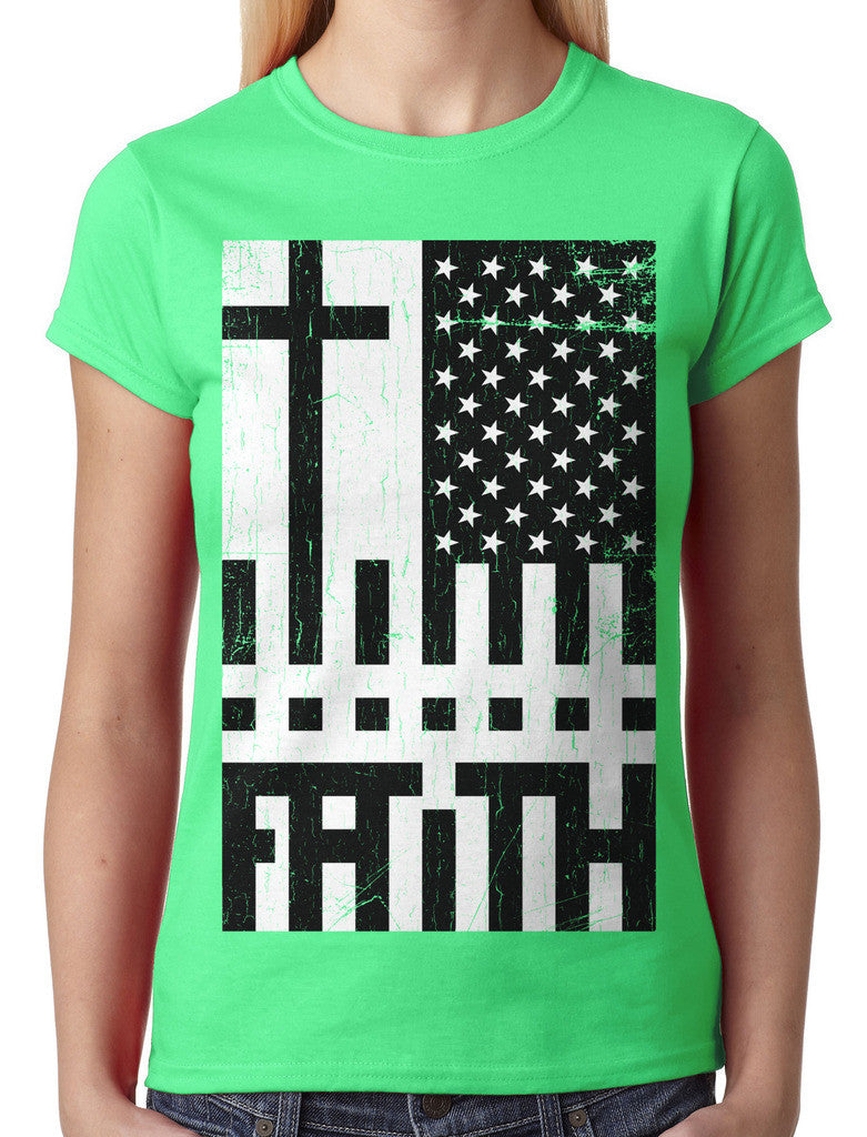 Faith Cross American Flag Junior Ladies T-shirt