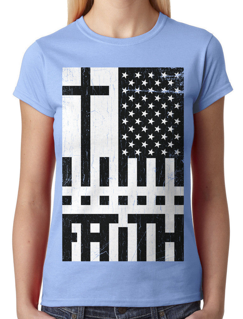 Faith Cross American Flag Junior Ladies T-shirt