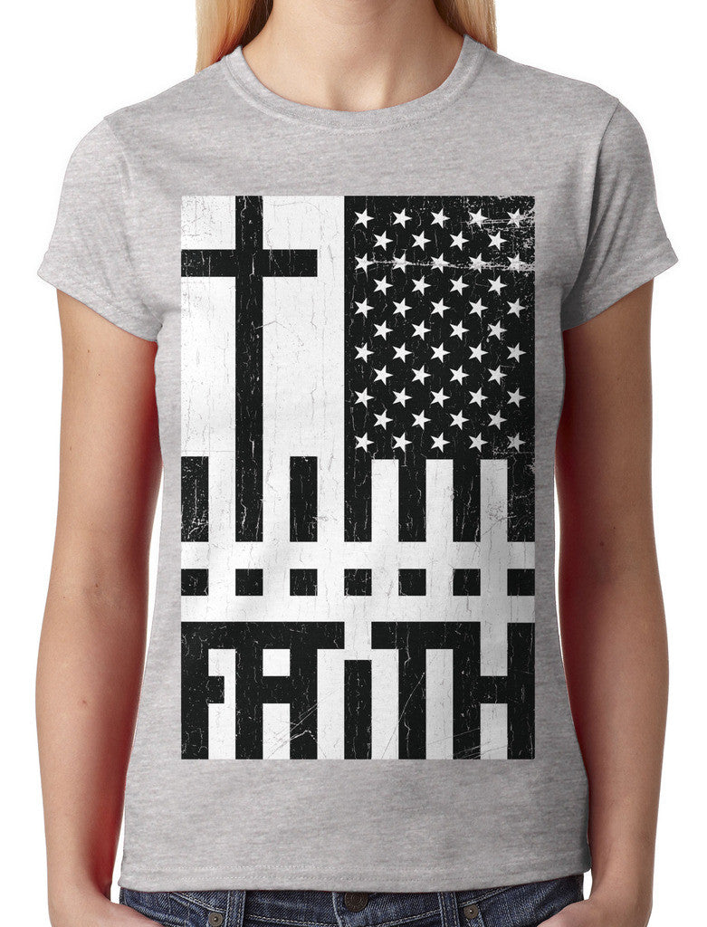 Faith Cross American Flag Junior Ladies T-shirt