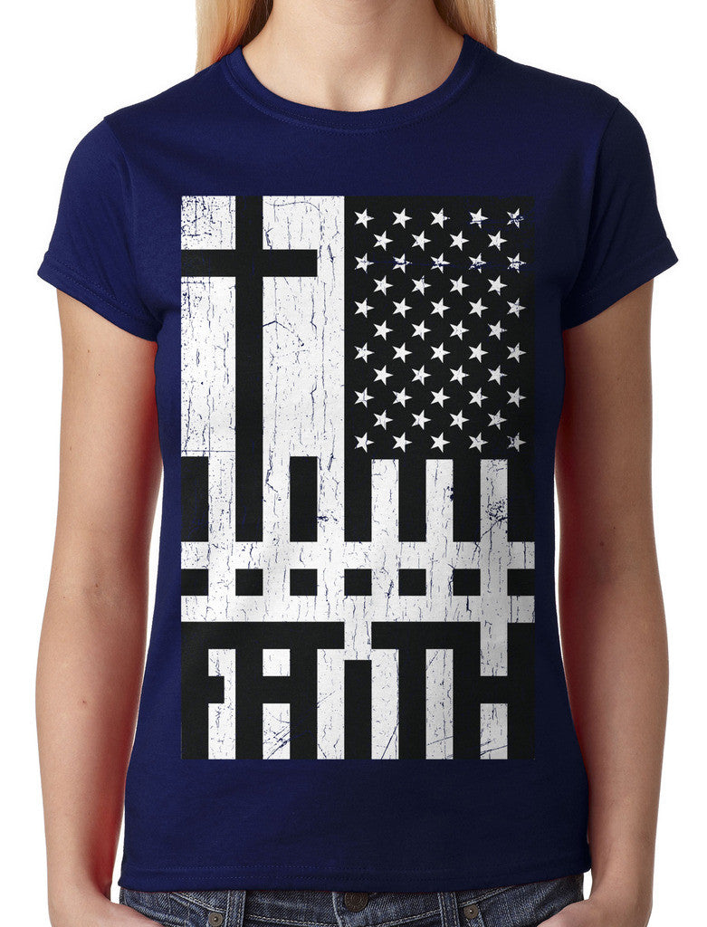Faith Cross American Flag Junior Ladies T-shirt
