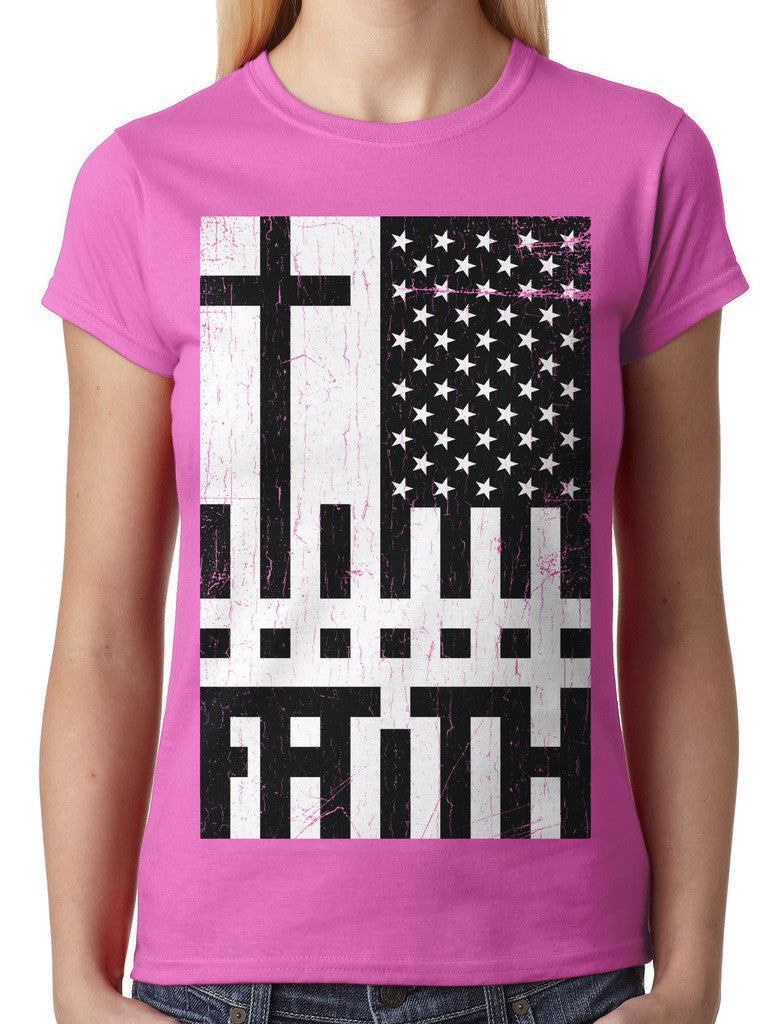 Faith Cross American Flag Junior Ladies T-shirt