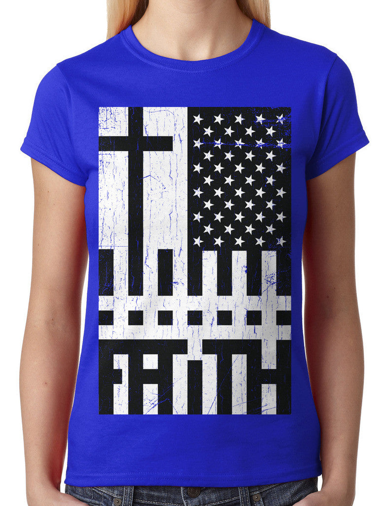 Faith Cross American Flag Junior Ladies T-shirt