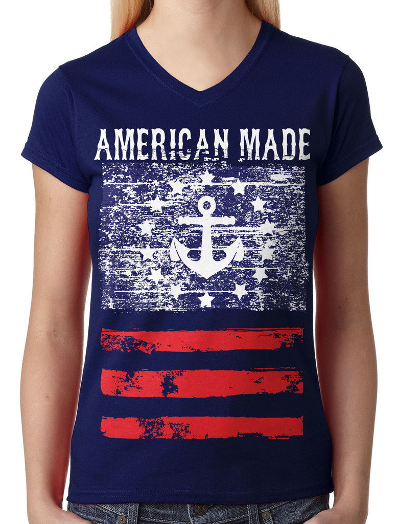American Made Faded Anchor Flag Junior Ladies V-neck T-shirt
