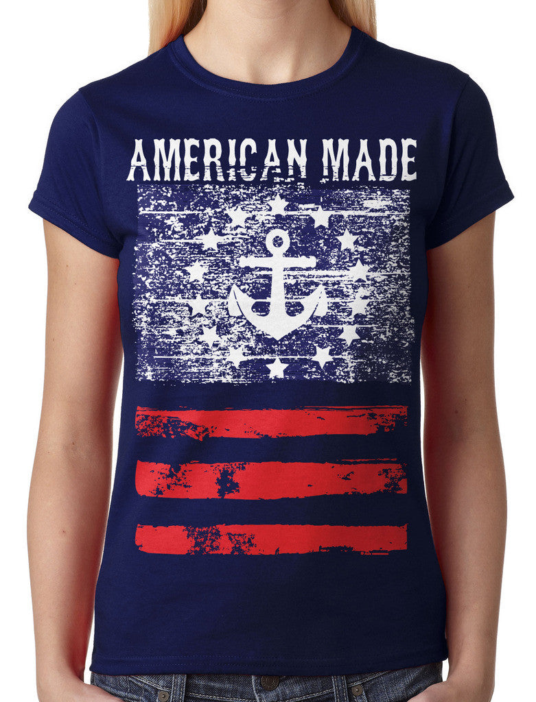 American Made Faded Anchor Flag Junior Ladies T-shirt