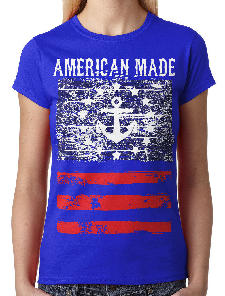 American Made Faded Anchor Flag Junior Ladies T-shirt