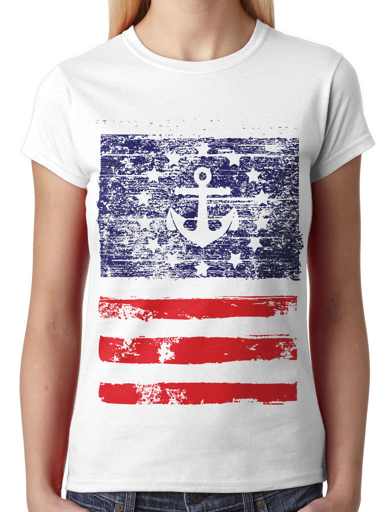 American Made Faded Anchor Flag Junior Ladies T-shirt