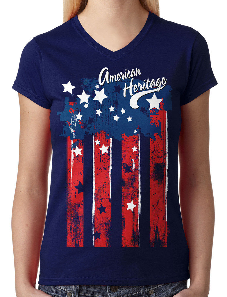 Faded American Heritage Flag Junior Ladies V-neck T-shirt