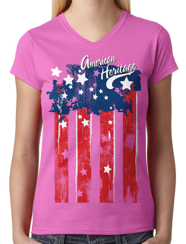 Faded American Heritage Flag Junior Ladies V-neck T-shirt