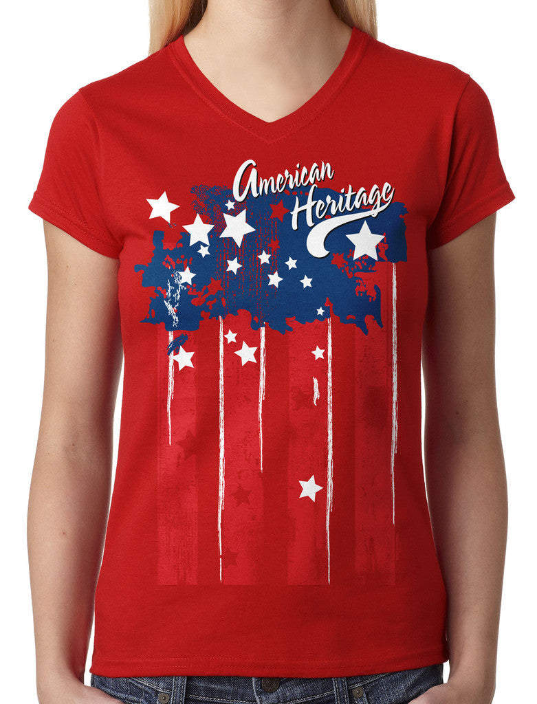 Faded American Heritage Flag Junior Ladies V-neck T-shirt