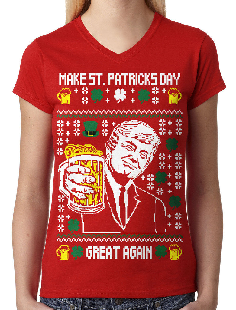 Digital Trump Make St Patricks Day Great Again Junior Ladies V-neck T-shirt
