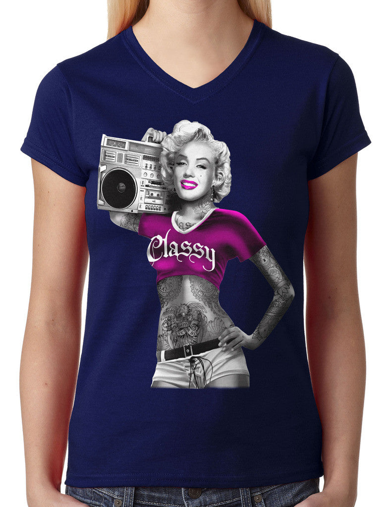 Classy Marilyn Monroe Boombox Junior Ladies V-neck T-shirt