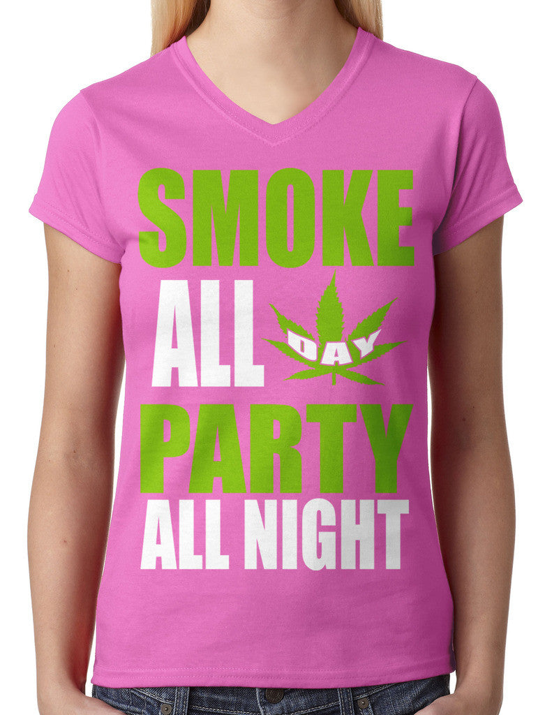 Smoke All Day Party All Night Junior Ladies V-neck T-shirt