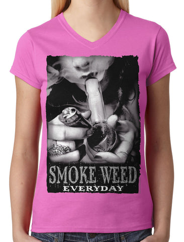 Smoke All Day Party All Night Junior Ladies V-neck T-shirt