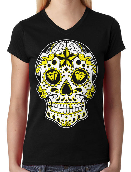 Women's Sugar Skull Jrs V Neck Tee Clothing - Inked Shop