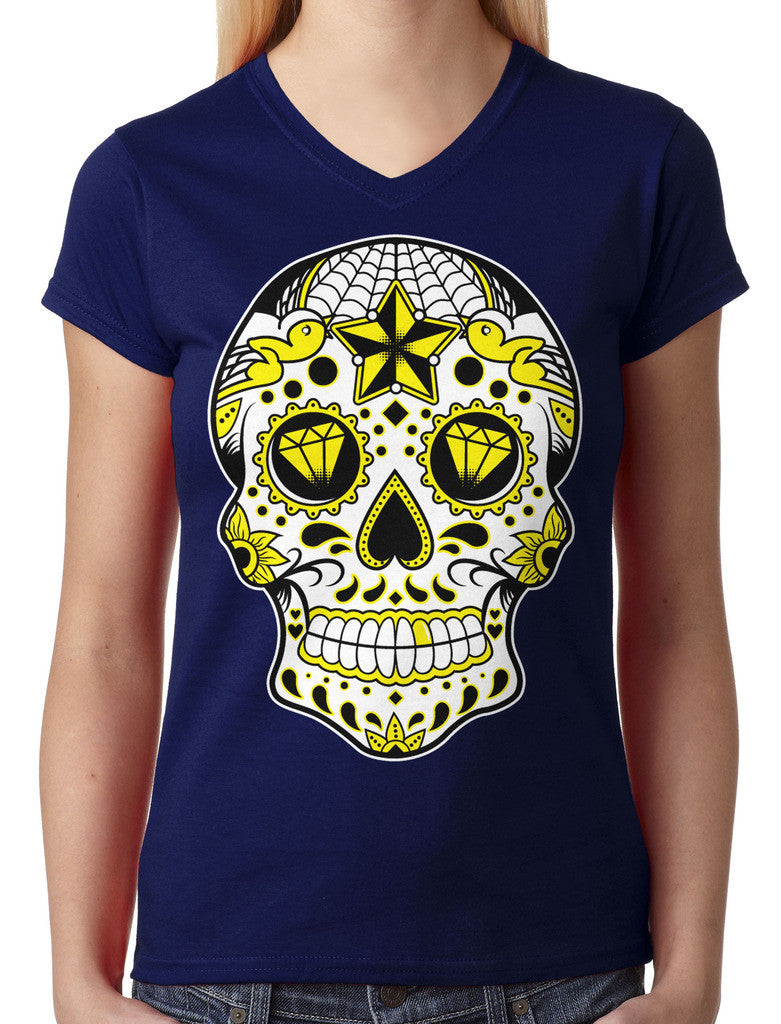 Dia De Los Muertos Sugar Skull Junior Ladies V-neck T-shirt