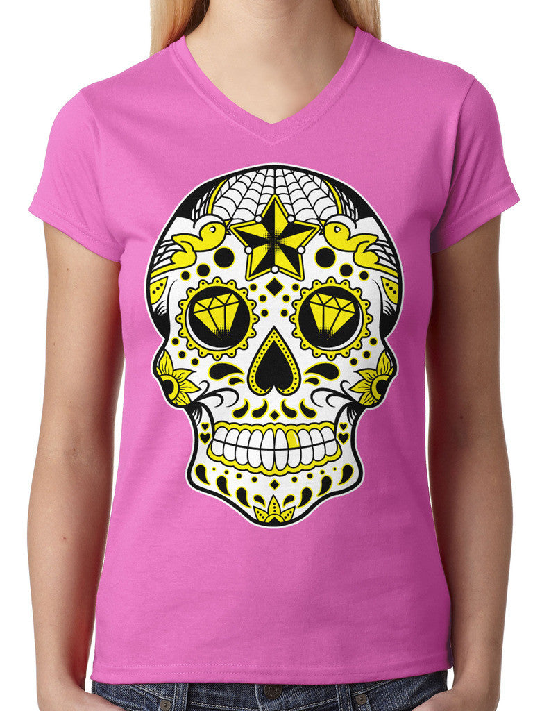 Dia De Los Muertos Sugar Skull Junior Ladies V-neck T-shirt