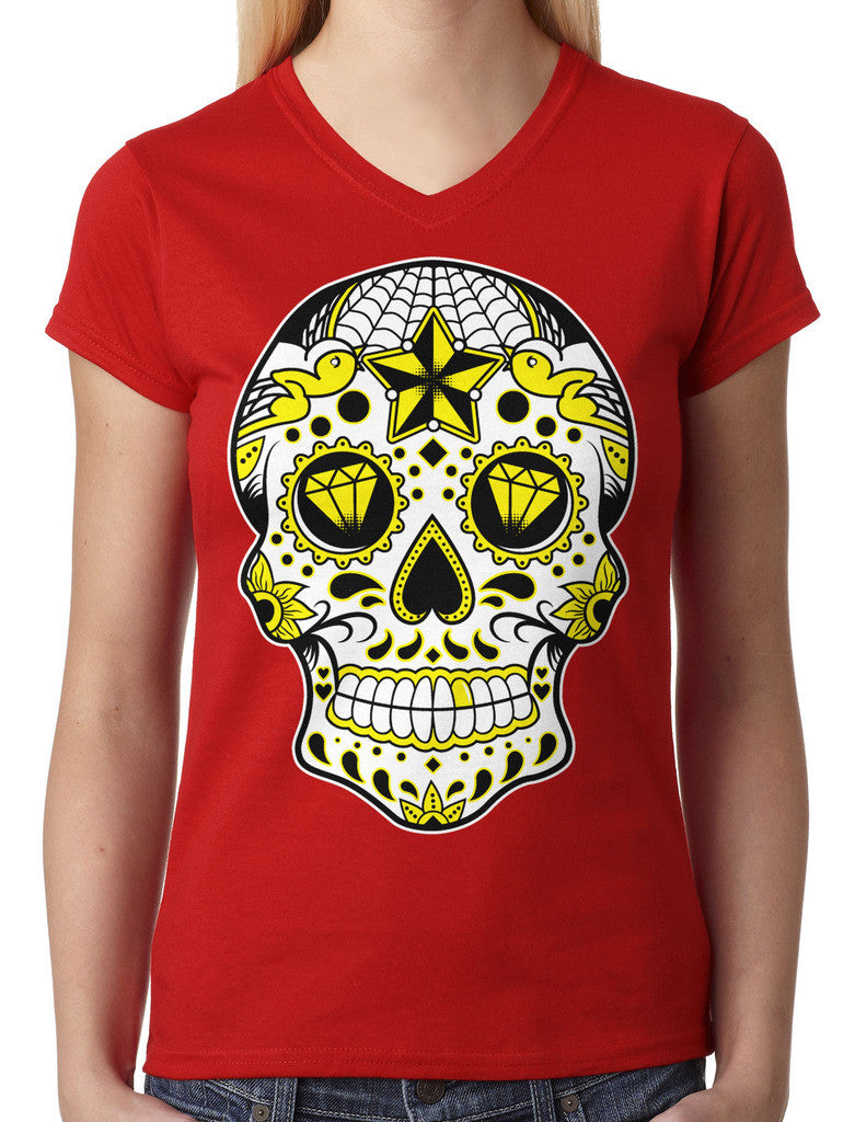 Dia De Los Muertos Sugar Skull Junior Ladies V-neck T-shirt