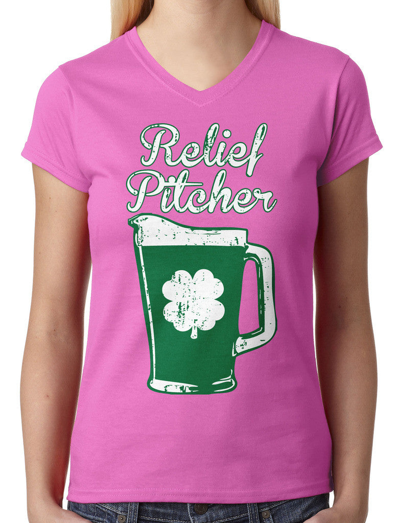 Green Beer Clover Relief Pitcher Junior Ladies V-neck T-shirt