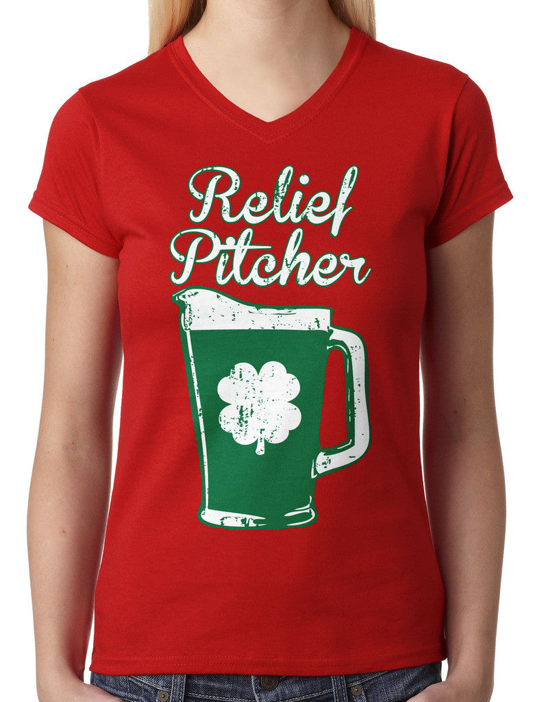 Green Beer Clover Relief Pitcher Junior Ladies V-neck T-shirt