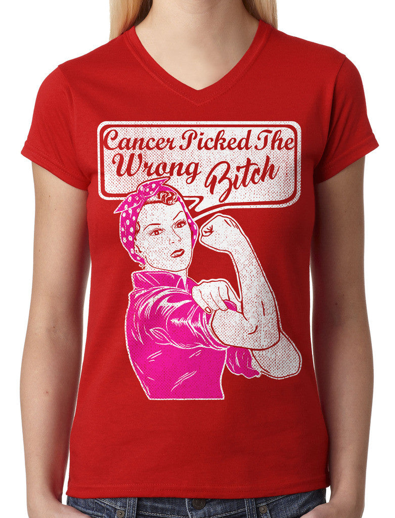 Cancer Picked The Wrong Bitch Junior Ladies V-neck T-shirt