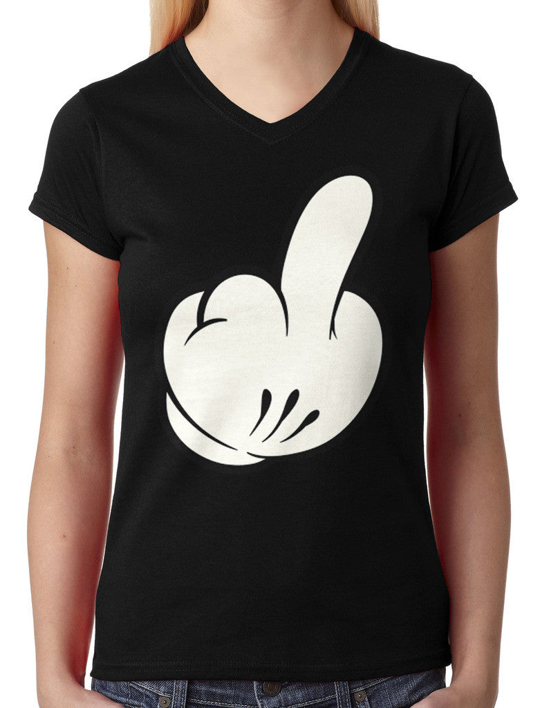 Cartoon Glove Middle Finger Junior Ladies V-neck T-shirt