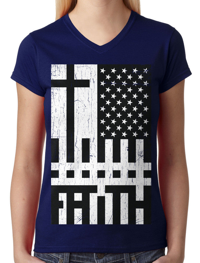 Faith Cross American Flag Junior Ladies V-neck T-shirt