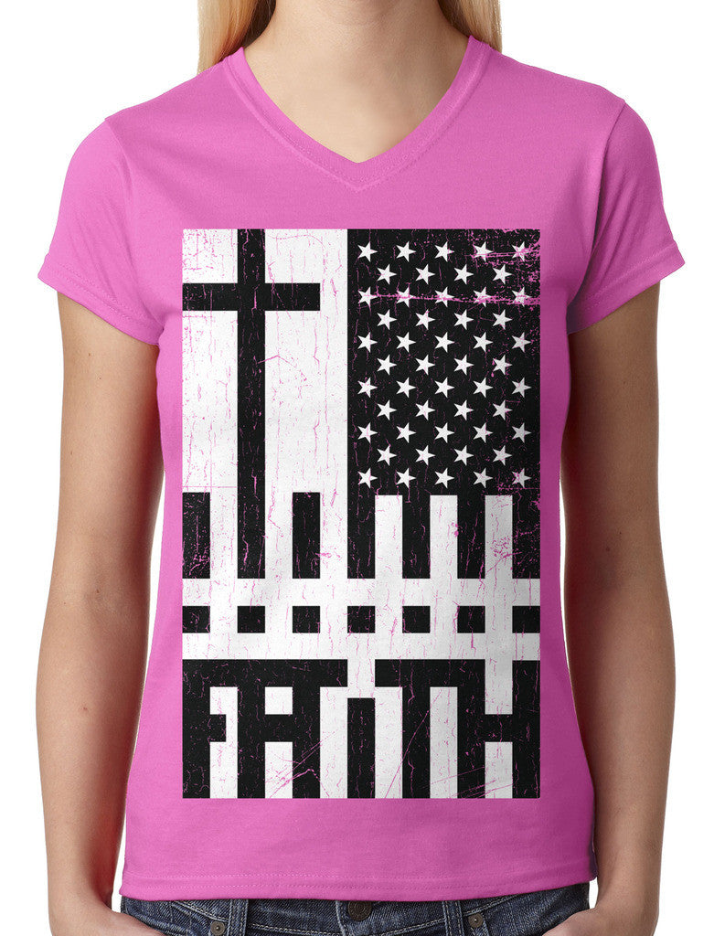 Faith Cross American Flag Junior Ladies V-neck T-shirt