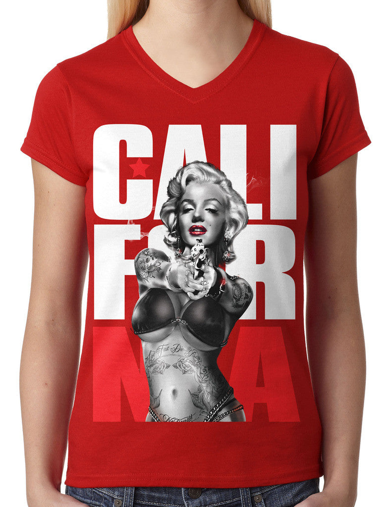 Gangster Marilyn Monroe California Junior Ladies V-neck T Gangster Marilyn Monroe California Junior Ladies V-neck T