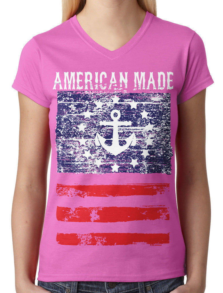 American Made Faded Anchor Flag Junior Ladies V-neck T-shirt