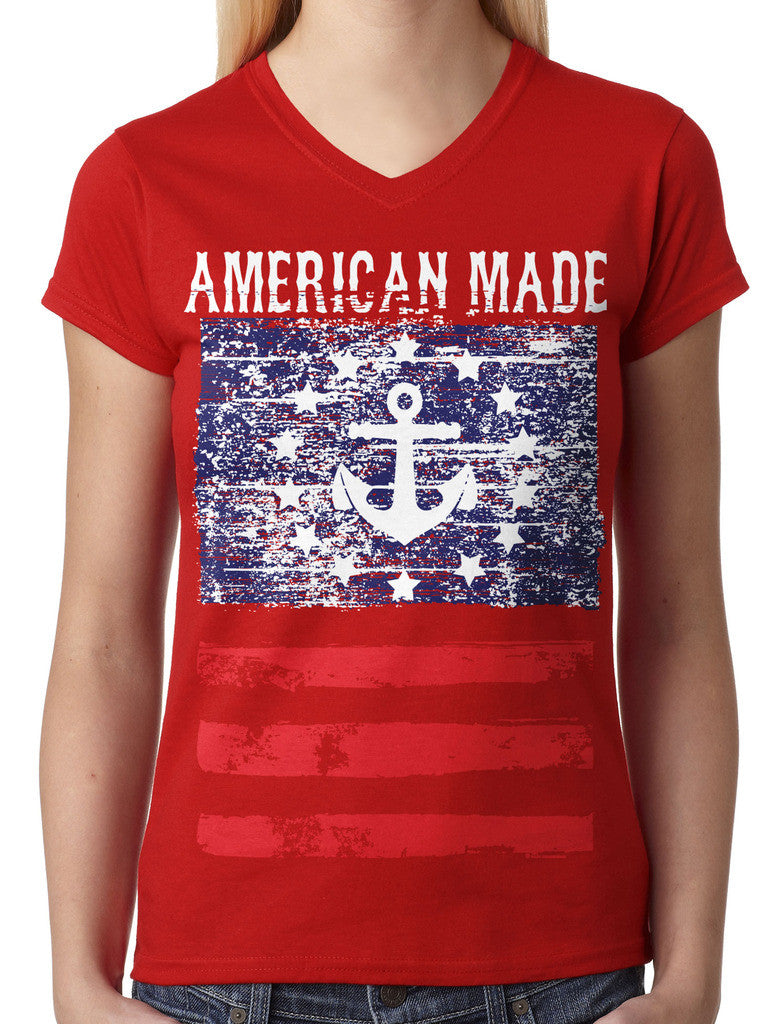 American Made Faded Anchor Flag Junior Ladies V-neck T-shirt
