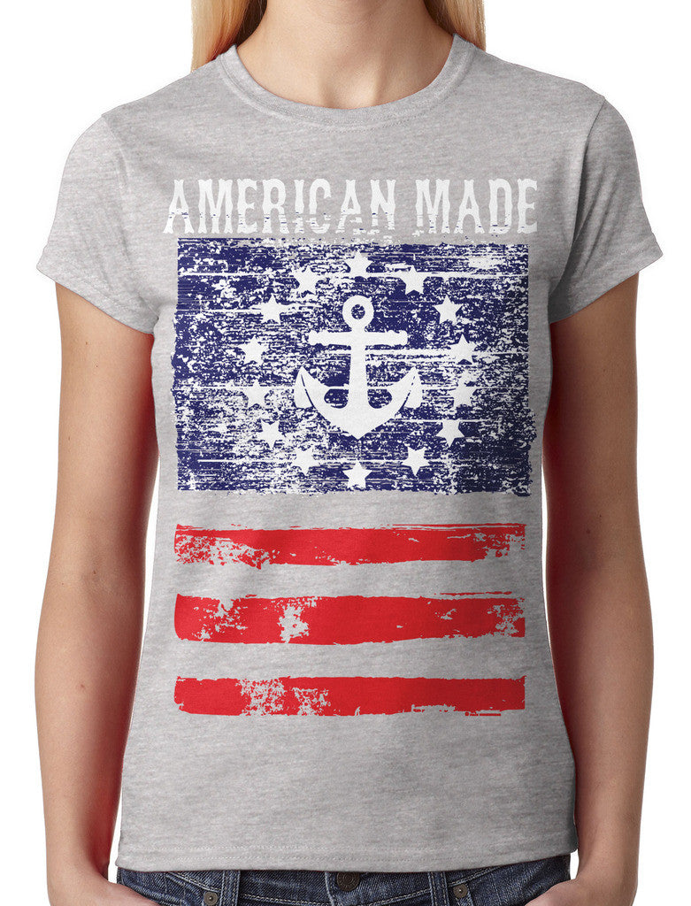 American Made Faded Anchor Flag Junior Ladies T-shirt