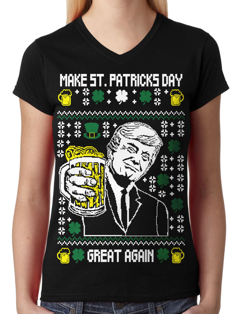 Digital Trump Make St Patricks Day Great Again Junior Ladies V-neck T-shirt