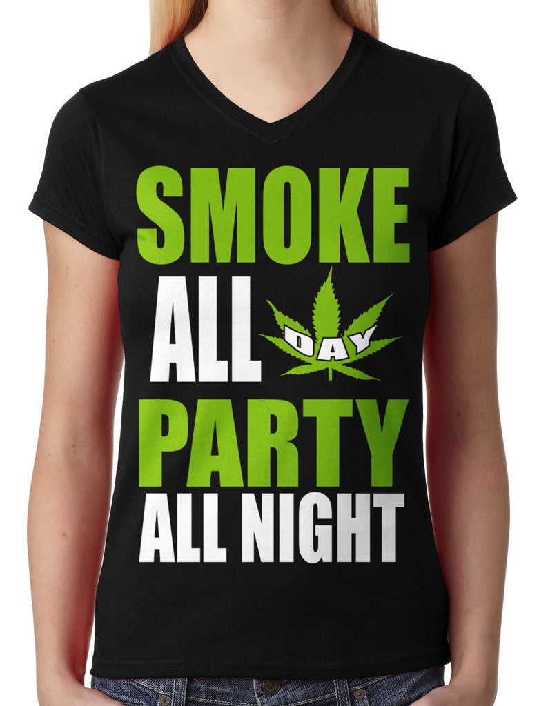 Smoke All Day Party All Night Junior Ladies V-neck T-shirt