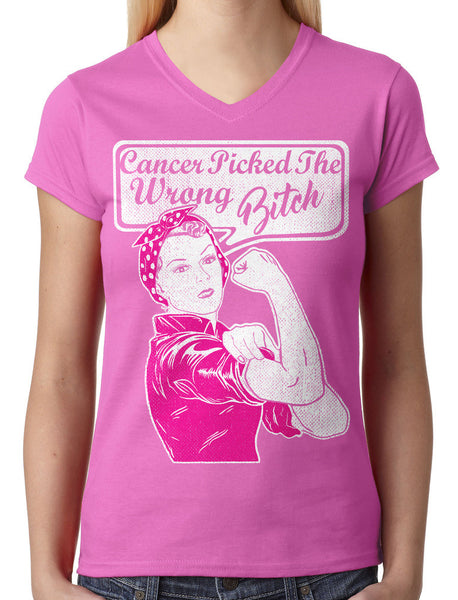 Cancer Picked The Wrong Bitch Junior Ladies V-neck T-shirt
